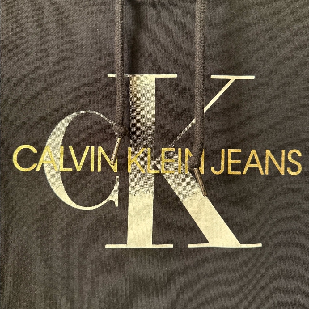 Calvin Klein Jeans Black Hoodie Pullover Sweatshirt Gold Metallic Logo Large - Picture 2 of 5